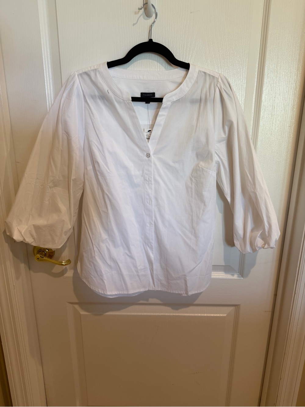 Talbots White Cotton Split-Neck Puff Sleeve Top